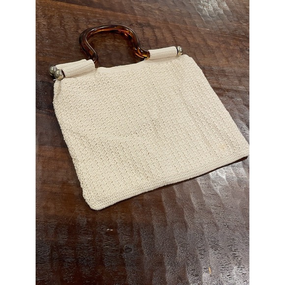 Handbags - Vintage Crochet Purse Handbag Ivory Knit Brown Tortoise Lucite Handles Lined